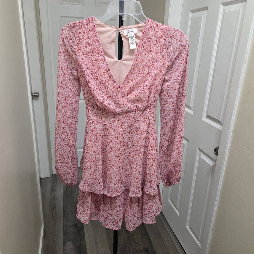 Japna Pink Floral Mini Dress Long Sleeve Ruffle Tiered Boho Cottagecore Romantic - Picture 2 of 7